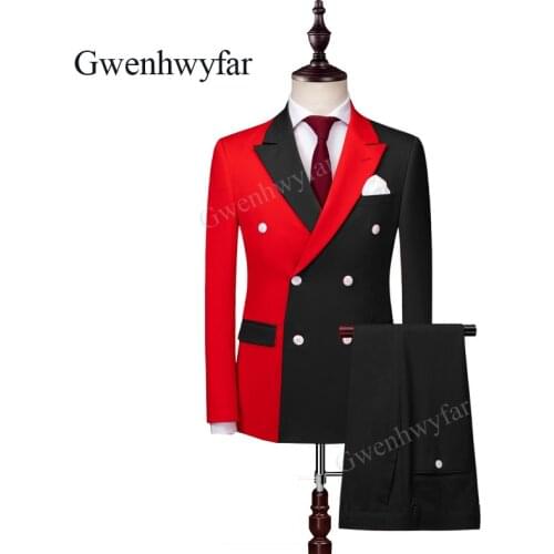Gwenhwyfar 2020 (Blazer+Pant) Shinny Mens Suits 2 Piece Peaked Lapel Casual Red Tuxedos for Wedding Groomsmen Suits Men