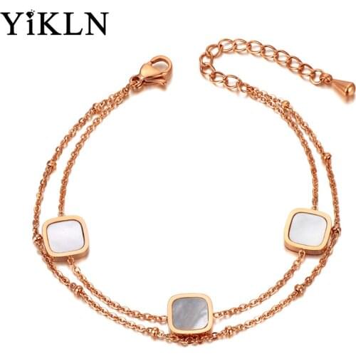 YiKLN Rose Gold Double Layer Stainless Steel Acrylic & Shell Charm Bracelets For Women Bohemia Beach Chain Bracelet YB20040