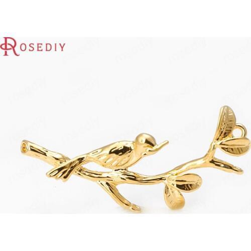 D332)6 pieces 15x32mm 2 holes 24K Gold Color Brass Branches and Birds Connect Charms Diy Jewelry Findings Accessories wholesale