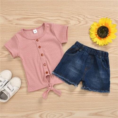 Kids Baby Girls Fashion Outfit Clothes Children Girl Short Sleeve Solid Color Tops+Denim Shorts 2-piece Clothing Set