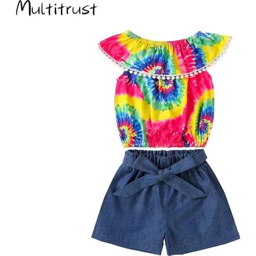 Childrens Clothes Summer Kids Girls Sleeveless Tassel Rainbow Tops+Shorts Casual Outfits Suits Toddler Baby Girls Clothing Sets