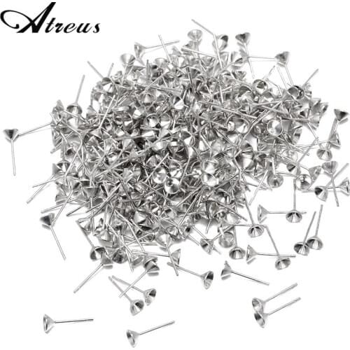 DIY Ear Jewelry Accessories Round Pearls Ear Pin Silver Color Cup Needle Earring Settings Jewellery Making Findings Wholesale