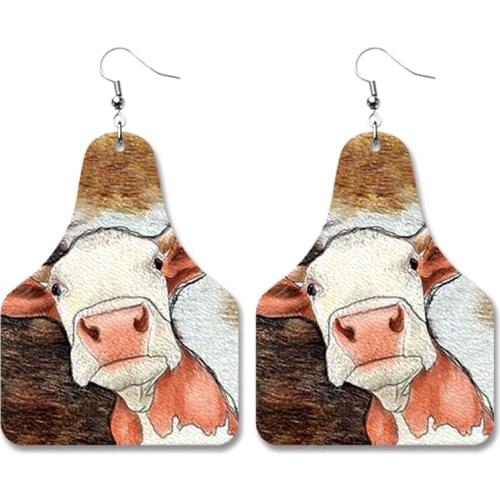 Europe and America Jewelry Accessories Farm Cow Animal Pattern American West Cowboy Style PU Leather Drop Earrings for Women