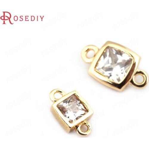 F530)6 pieces 4mm 5.5mm 24K Champagne Gold Color Brass with Zircon 2 Holes Square Connect Charms Jewelry Findings Accessories