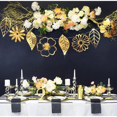 2M Gold Silver Hollow Flower Leaves Garland Party Banner Bunting Paper Garland Flower Hanging Bunting Wall Sticker Decoration