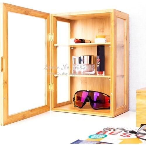 Quality Wood Desktop Makeup Organizer Bamboo Retro Jewelry Storage Box Acrylic Panel Dustproof Skin Care Products Display Stand