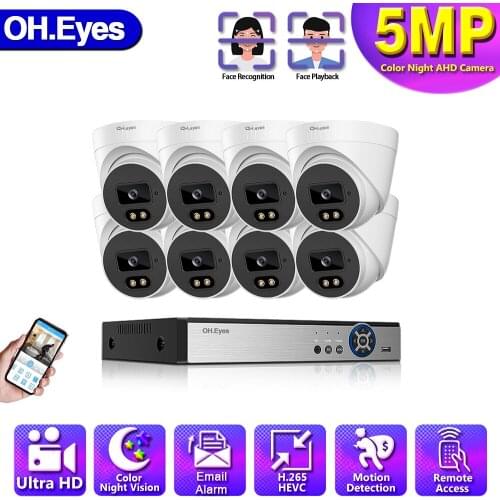 8CH DVR Recorder 5MP Kit with 5MP Colorful Night Vision Motion Detection AHD Camera Outdoor Surveillance Camera Onvif