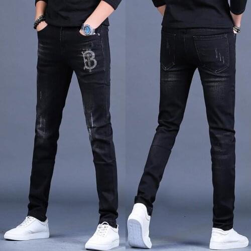 Men’s high quality slimming denim pants scratched&white washed trendy black jeans diamond embroidery stretch jeans pants