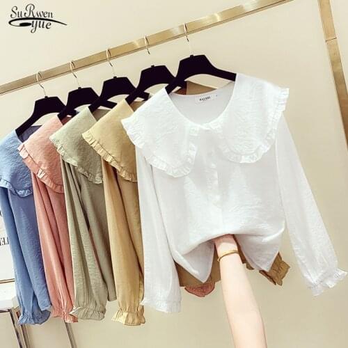 Autumn New 2020 Womens Fashion Peter Pan Collar Slim Shirt Long Sleeve Casual Style Cotton Blouse Female Tops Blusa Mujer 11356