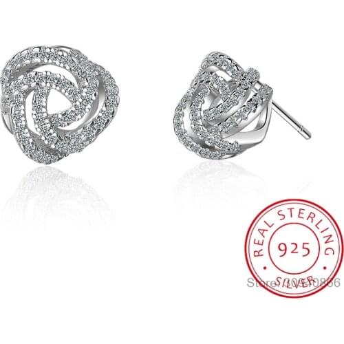 Wholesale 100% 925 Sterling Silver Sparkling Love Knots Stud Earrings For Women Jewelry Gift XCHS476