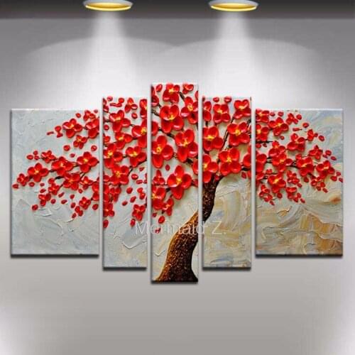 Hand Painted Modern Red Gustav Klimt Tree Of Life Abstract Oil Painting On Canvas Picture 5 Panel Wall Art Home Decoration