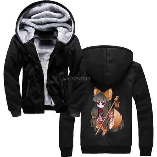 Hoodie Mysterious Fox Girl Kitsune Cartoon Design Hoodie Men Winter Thicken Keep Warm Sweatshirt Hooded Jacket Streetwear