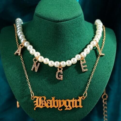 Trendy New Gold Color Babygirl Letter Pendant Necklace For Women Multilayer Pearl Angel Crystal Choker Necklace Party Jewelry