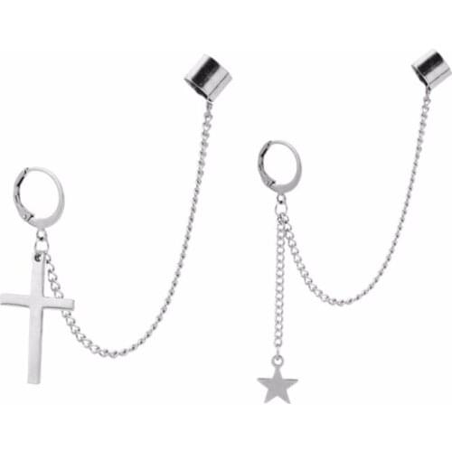 Stainless Steel Ear Cuffs Dangle Chain Earrings Cross Star Pendant Ring Hoop Set