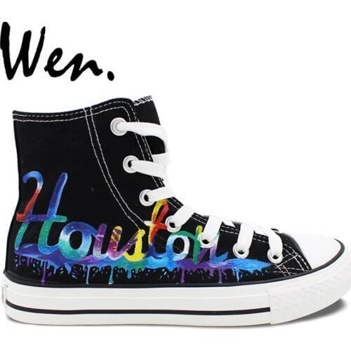 Wen Original Design Custom Hand Painted Shoes Houston City Skyline High Top Men Womens Black Canvas Sneakers