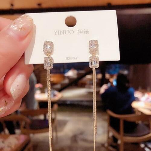 Vintage Gold Color Bar Long Thread Tassel Opal Drop Earrings For Women Glossy Arc Geometric Korean Fashion Jewelry Accessories