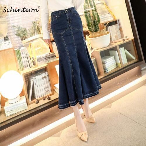 2019 Schinteon Women Denim Trumpet Mermaid Skirt Spring Autumn Jeans Bodycon High Waist Long Skirt Female