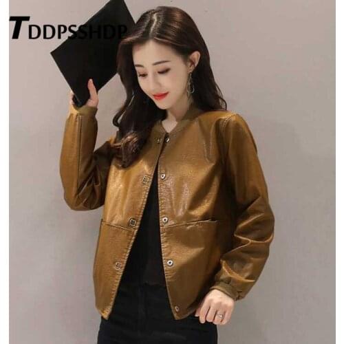 Short 2019 Spring New Loose Pu Leather Jacket Black Red Caramel Brown Color Female Coat