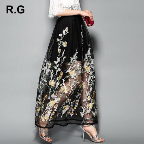 RG Bohemian Maxi Beach Skirts Womens Summer New 2018 Elegant Print Floral Embroidery Lady Long Grenadine Lace Skirt