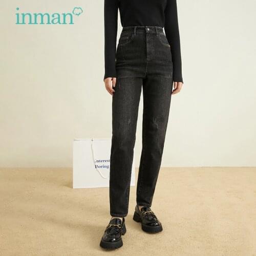 INMAN Autumn Winter Jeans Women Casual Traff Style High Waist Minimalist Denim Black Straight Tapered Pants