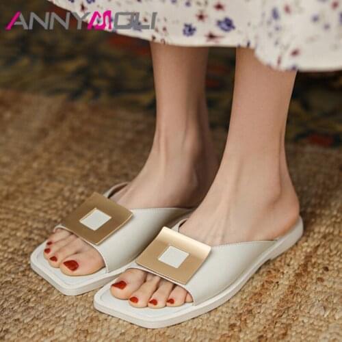 ANNYMOLI Women Slippers Shoes Real Leather Sandals Metal Decoration Flat Slides Square Toe Cow Leather Ladies Footwear Summer
