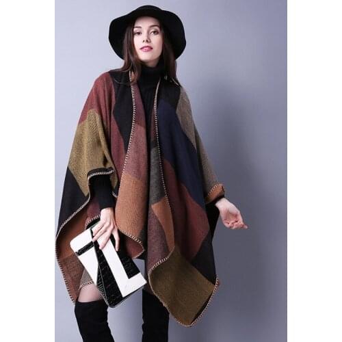 AMYO Bat Sleeve Shawl Women Cashmere Scarf Winter Warm Poncho Coat for Girls Two Sides Shawls Patchwork Pashmina
