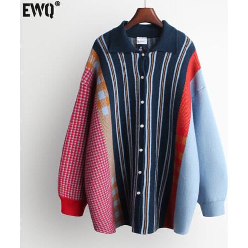 [EWQ] Korea Chic Color Matching Striped Knitted Cardigan Womens Autumn 2021 New Laple Loose Single Breasted Long Sleeve Sweater