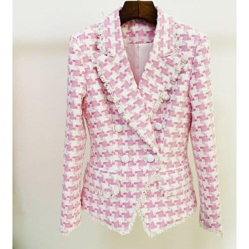 Autumn Womens Tassel plaid tweed coat High quality Double-breasted blazers jackets C909