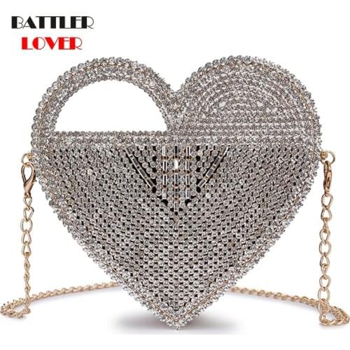 Heart Shaped Diamond Evening Clutch Bag For Women 2021 Luxury Designer Purses And Handbags Hollow Out Metal Shoulder Chain Bag