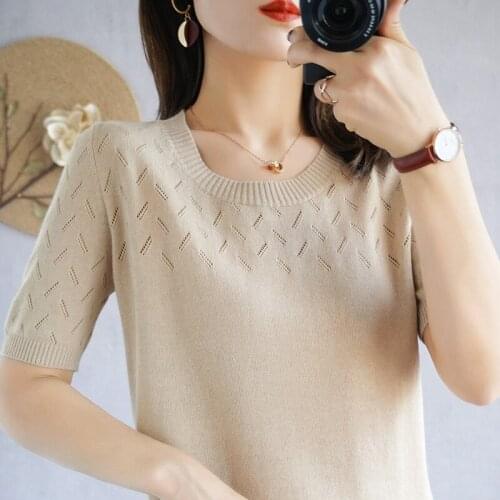 Zocept Womens O-Neck Short-Sleeved Sweaters Ladies Pure Cotton Knitted Hollow Pullover Tees Solid Color Mix And Match T-Shirts