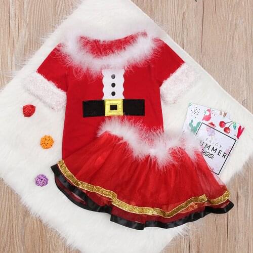 2 Pcs Infant Christmas Outfits Girls Color Block Fluffy Short Sleeve Round Neck Pullover + Tulle Skirt Set