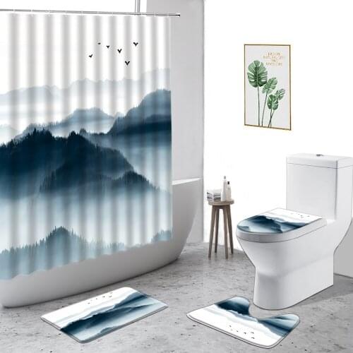 3D Chinese Style Mountain Water Scenery Shower Curtain Non Slip Mats Bath Carpets Toilet Cover Floor Mats Rug 4pcs Bathroom Set