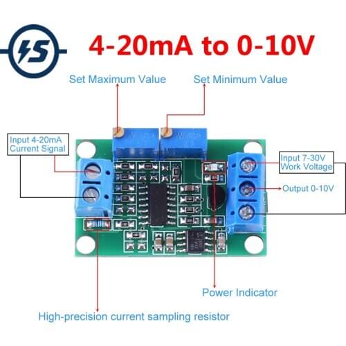 4-20mA to 0-10V Current to Voltage Converter Module DC7-30V LED Indicator For Industrial Control
