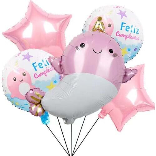 5pcs Narwhal Ocean Aluminum Film Balloon Set 18 Inch Childrens Birthday Blue Pink Decorations Baby Shower
