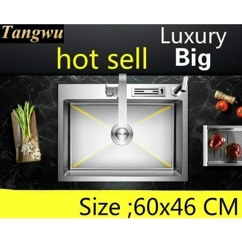 Free shipping Apartment luxurious vogue big kitchen manual sink single trough 304 stainless steel hot sell 600x460 MM
