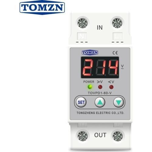 Din rail 40A 60A voltage display relay adjustable over under voltage proteciotn device automatic reconnect protector