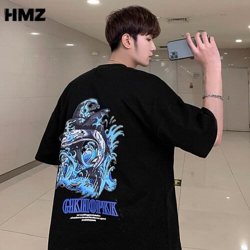 HMZ 2021 New Japanese Style Shark Print Funny Summer Men T Shirt Top Tshirt T-shirt Fashion Brand Clothing Streetwear Tops Men