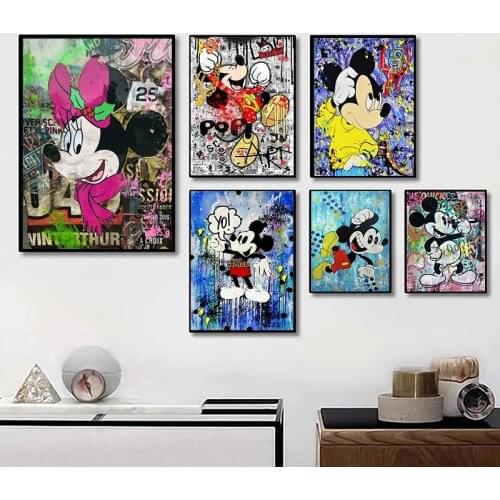 Disney Graffiti Art Canvas Painting Mickey and Minnie Prints and Posters Quadros Wall Art for Kids Room Decor Home Decoration