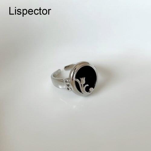 Lispector 925 Sterling Silver French Black Agate Oval Rose Rings for Women Retro Onyx Flower Open Ring Female Jewelry Gifts