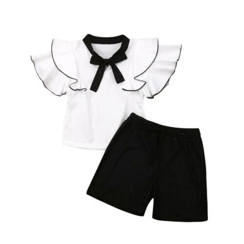2PCS Baby Girls Clothes Summer Fry Sleeve Bow T-shirt Tops+Solid Pants Outfits Toddler Sets 2-7Y