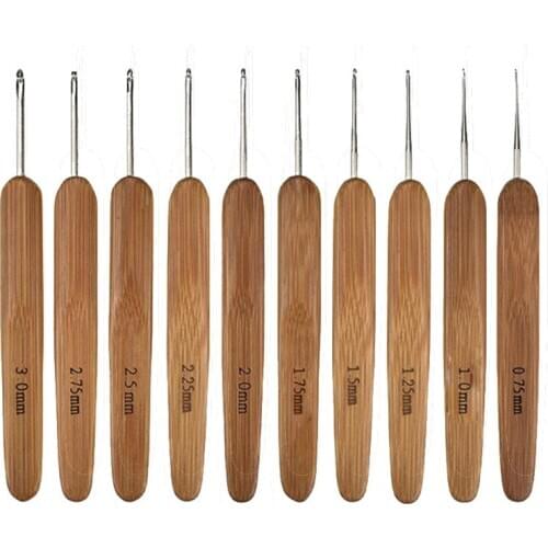 LBER 10Pcs Mix Size 0.75Mm-3Mm Crochet Hook Knit Weave Yarn Craft Knitting Needle Bamboo Handle Knitting Hooks Needles Tools