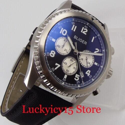 BLIGER Quartz Men Watch Chronograph Date Function Leather Band 24 Hours Silver Color Case