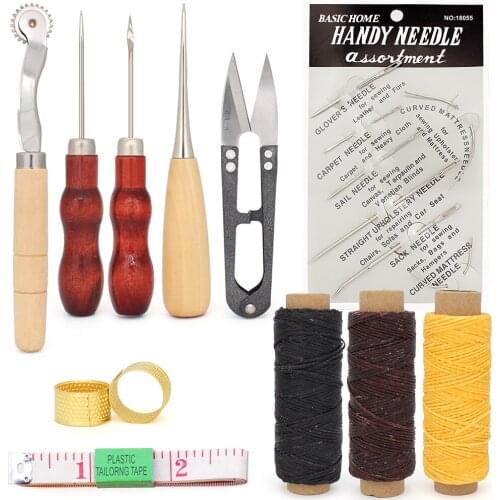 Leathercraft Tool Sets Contains, Handle Sewing Awl with Hook Yarn Scissors Ruler Waxed Thread Leather Needle Overstitch Whee
