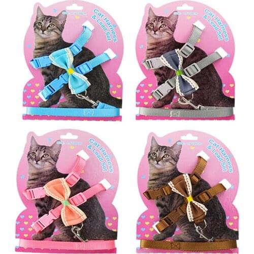 Bow Knot Cat Harness Leash Set Dog Nylon Adjustable Belt Halter Collar Clasp Puppy Safety Traction Rope Kitten Training Walking