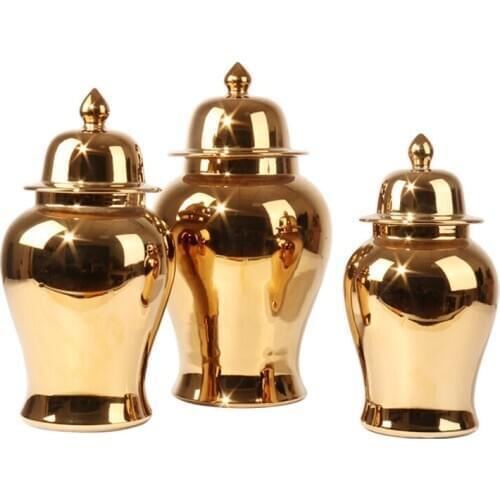 New Chinese Golden Ginger Jar Ceramic Decoration Living Room Decoration Hotel Model Room Furniture Crafts porcelain temple jar