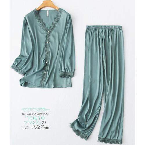 Daeyard 2020 New Silk Pajamas Sets Women Cute Shirts And Pants 2 Pcs Appliques Pijamas Girls Sweet Home Clothes Sexy Sleepwear