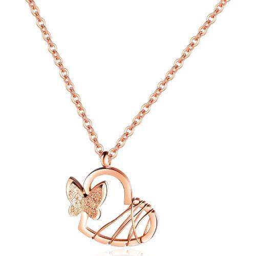 Distinctive Hollowed out Heart Stainless Steel Pendants Necklaces For Women Charm Rose Gold Butterfly Girls collar Jewelry Gift