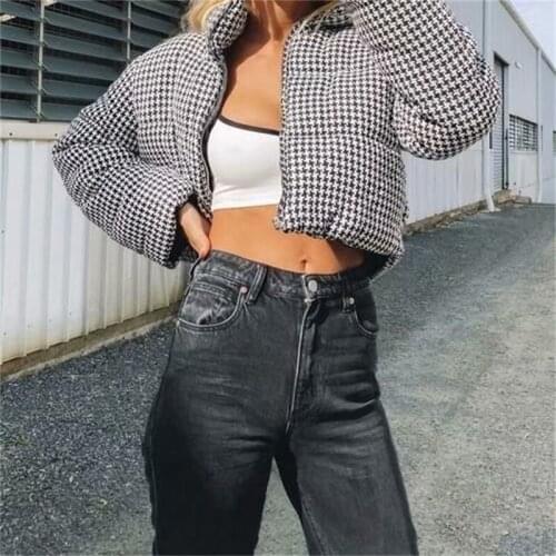 ZXQJ Women 2021 Fashion Oversized Houndstooth Bread Cotton Coat Vintage Long Sleeve Pockets Female Outerwear Chic Tops