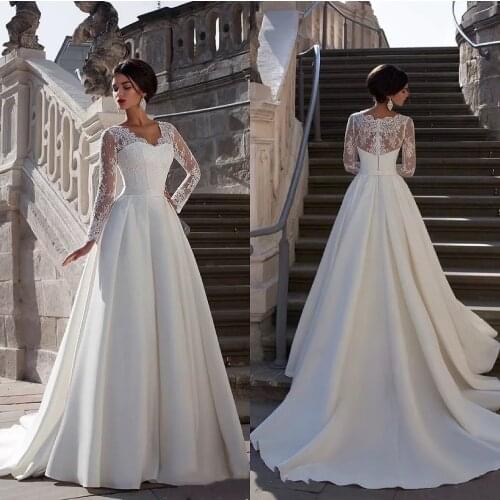 Satin Wedding Dresses Long Sleeves A Line Lace Appliques Top V-Neck Sweep Train Elegant Simple Princess Bridal Gowns Luxury 2021