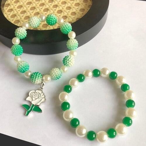 Hand Made Greek Sorority White Green Links Inc Rose Detal Charm Pearl Bracelet Lady Jewelry 2021 New Accessories